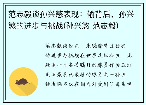 范志毅谈孙兴慜表现：输背后，孙兴慜的进步与挑战(孙兴慜 范志毅)